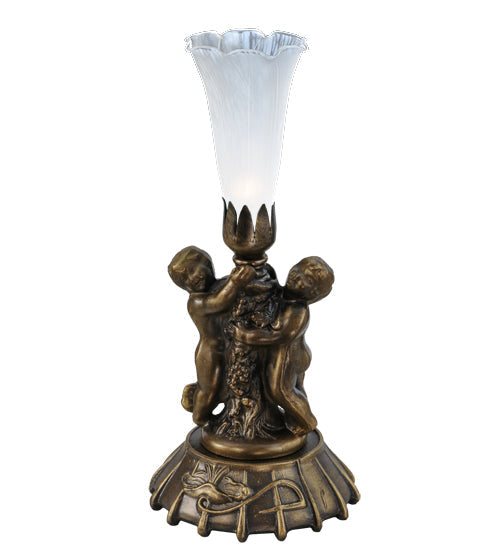 Meyda Lighting Tiffany Pond Lily 12" Mahogany Bronze Twin Cherub Mini Table Lamp With White Shade Glass