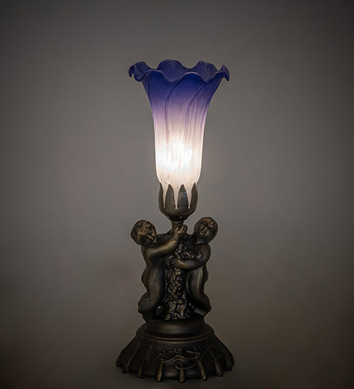 Meyda Lighting Tiffany Pond Lily 13" Antique Brass Twin Cherub Accent Table Lamp With Blue & White Shade Glass