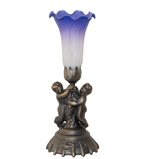 Meyda Lighting Tiffany Pond Lily 13" Antique Brass Twin Cherub Accent Table Lamp With Blue & White Shade Glass