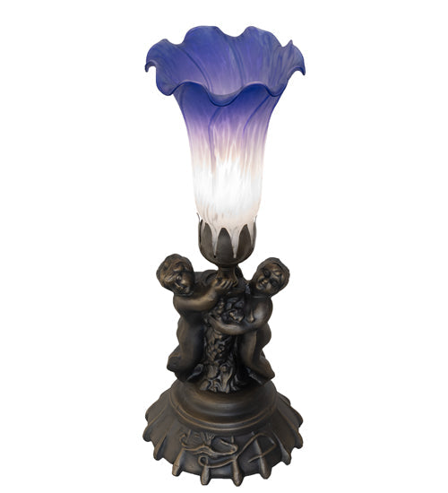 Meyda Lighting Tiffany Pond Lily 13" Antique Brass Twin Cherub Accent Table Lamp With Blue & White Shade Glass