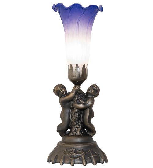Meyda Lighting Tiffany Pond Lily 13" Antique Brass Twin Cherub Accent Table Lamp With Blue & White Shade Glass