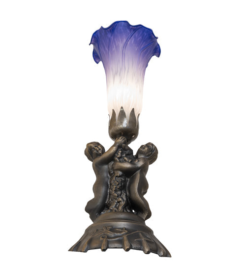 Meyda Lighting Tiffany Pond Lily 13" Antique Brass Twin Cherub Accent Table Lamp With Blue & White Shade Glass