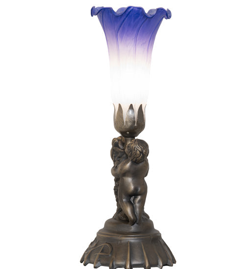 Meyda Lighting Tiffany Pond Lily 13" Antique Brass Twin Cherub Accent Table Lamp With Blue & White Shade Glass