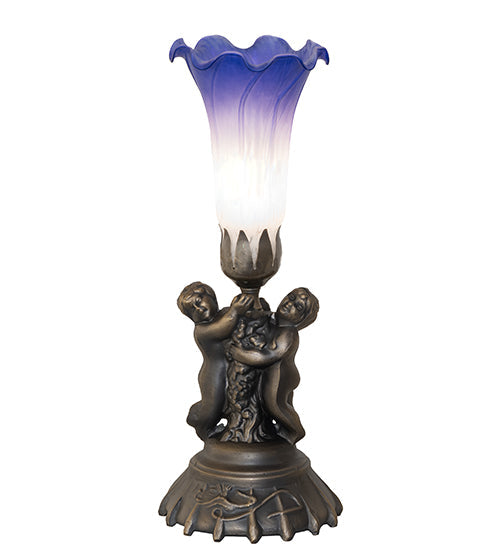Meyda Lighting Tiffany Pond Lily 13" Antique Brass Twin Cherub Accent Table Lamp With Blue & White Shade Glass