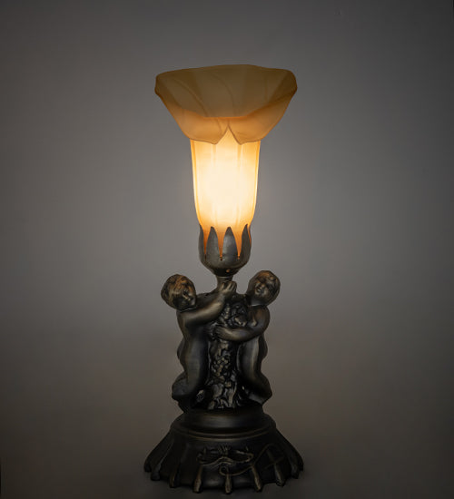Meyda Lighting Tiffany Pond Lily 13" Antique Brass Twin Cherub Accent Table Lamp With Brown Shade Glass
