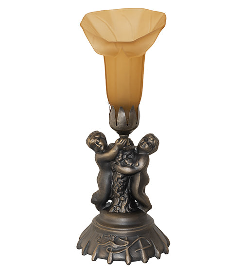 Meyda Lighting Tiffany Pond Lily 13" Antique Brass Twin Cherub Accent Table Lamp With Brown Shade Glass