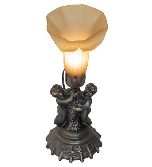 Meyda Lighting Tiffany Pond Lily 13" Antique Brass Twin Cherub Accent Table Lamp With Brown Shade Glass