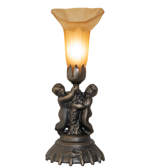 Meyda Lighting Tiffany Pond Lily 13" Antique Brass Twin Cherub Accent Table Lamp With Brown Shade Glass