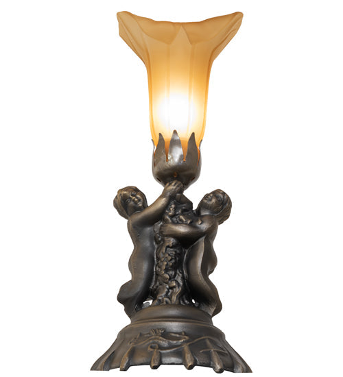 Meyda Lighting Tiffany Pond Lily 13" Antique Brass Twin Cherub Accent Table Lamp With Brown Shade Glass