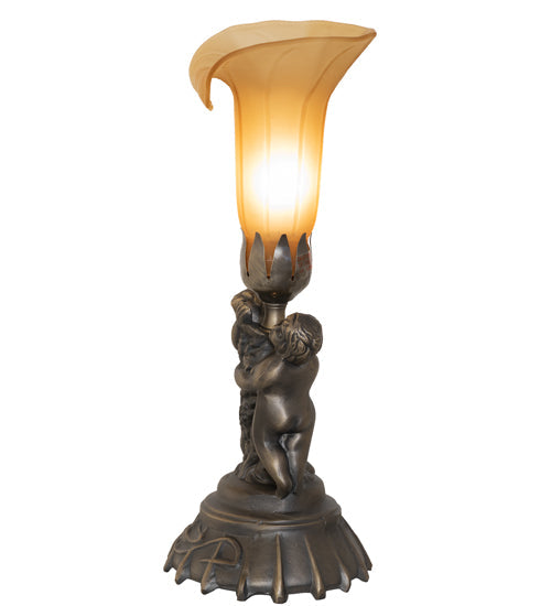 Meyda Lighting Tiffany Pond Lily 13" Antique Brass Twin Cherub Accent Table Lamp With Brown Shade Glass