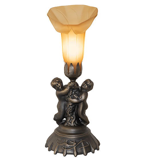 Meyda Lighting Tiffany Pond Lily 13" Antique Brass Twin Cherub Accent Table Lamp With Brown Shade Glass