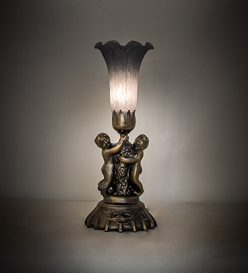 Meyda Lighting Tiffany Pond Lily 13" Antique Brass Twin Cherub Accent Table Lamp With Gray Shade Glass