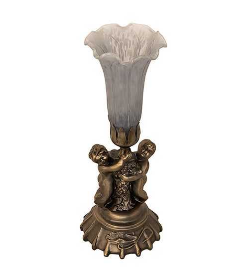 Meyda Lighting Tiffany Pond Lily 13" Antique Brass Twin Cherub Accent Table Lamp With Gray Shade Glass