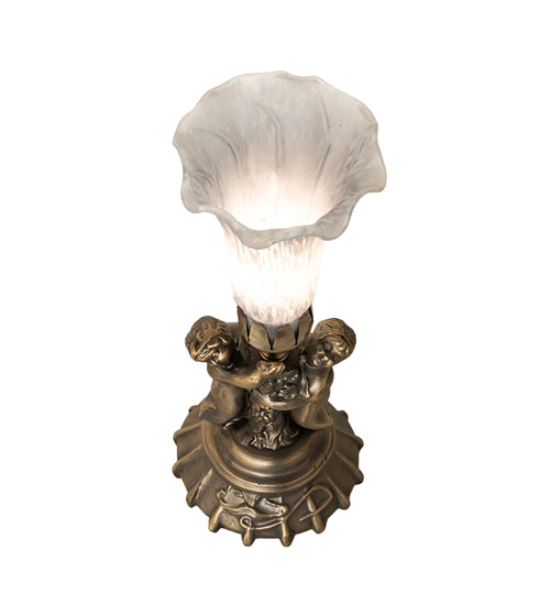 Meyda Lighting Tiffany Pond Lily 13" Antique Brass Twin Cherub Accent Table Lamp With Gray Shade Glass
