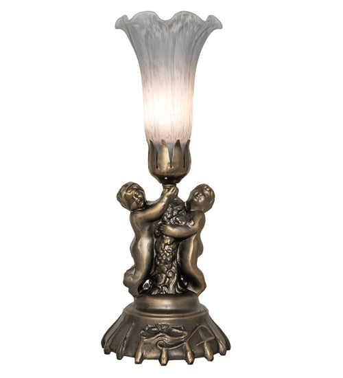 Meyda Lighting Tiffany Pond Lily 13" Antique Brass Twin Cherub Accent Table Lamp With Gray Shade Glass