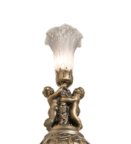 Meyda Lighting Tiffany Pond Lily 13" Antique Brass Twin Cherub Accent Table Lamp With Gray Shade Glass