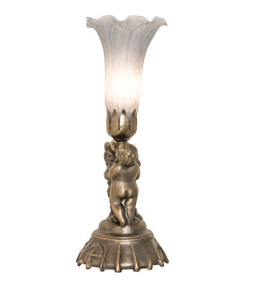 Meyda Lighting Tiffany Pond Lily 13" Antique Brass Twin Cherub Accent Table Lamp With Gray Shade Glass