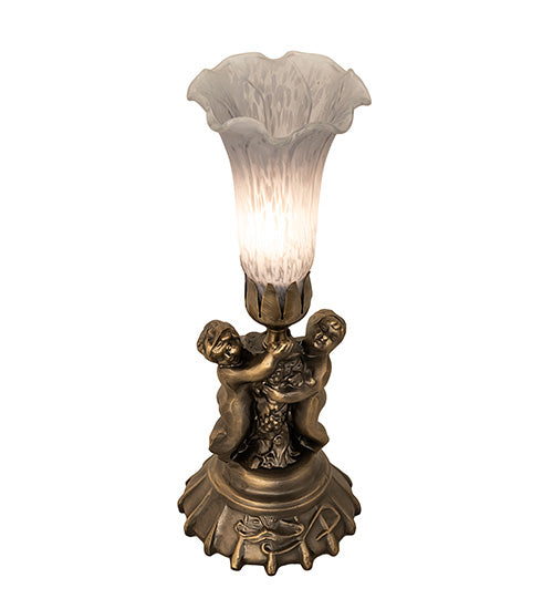 Meyda Lighting Tiffany Pond Lily 13" Antique Brass Twin Cherub Accent Table Lamp With Gray Shade Glass