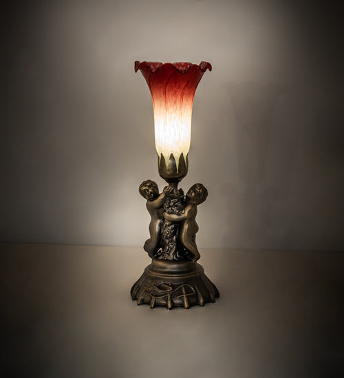 Meyda Lighting Tiffany Pond Lily 13" Antique Brass Twin Cherub Accent Table Lamp With Red & Green Shade Glass