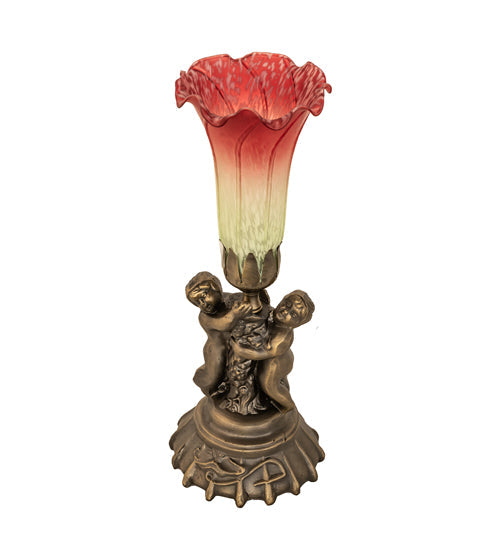 Meyda Lighting Tiffany Pond Lily 13" Antique Brass Twin Cherub Accent Table Lamp With Red & Green Shade Glass