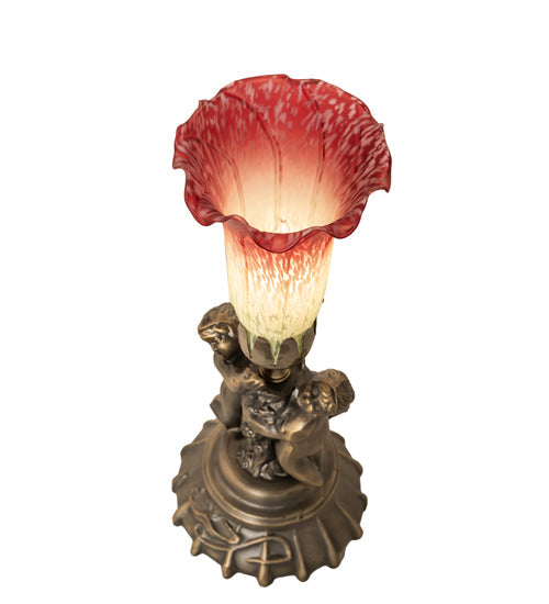 Meyda Lighting Tiffany Pond Lily 13" Antique Brass Twin Cherub Accent Table Lamp With Red & Green Shade Glass