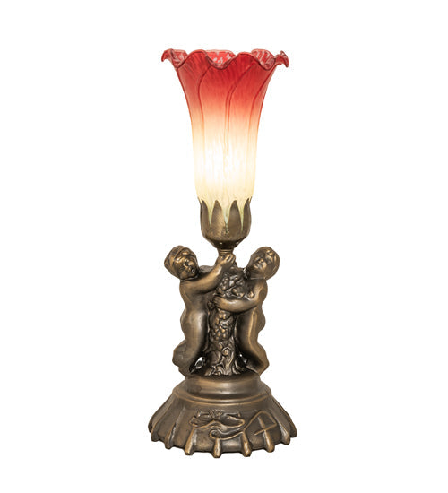 Meyda Lighting Tiffany Pond Lily 13" Antique Brass Twin Cherub Accent Table Lamp With Red & Green Shade Glass