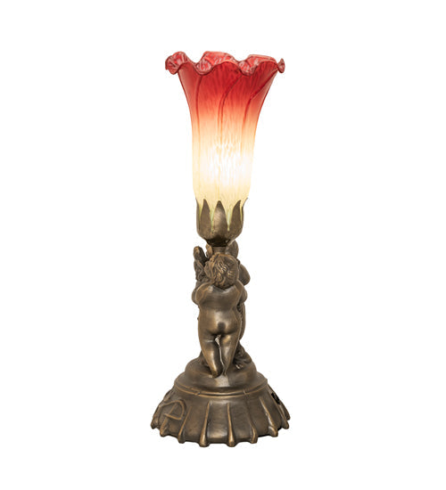 Meyda Lighting Tiffany Pond Lily 13" Antique Brass Twin Cherub Accent Table Lamp With Red & Green Shade Glass