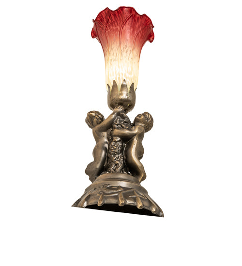Meyda Lighting Tiffany Pond Lily 13" Antique Brass Twin Cherub Accent Table Lamp With Red & Green Shade Glass