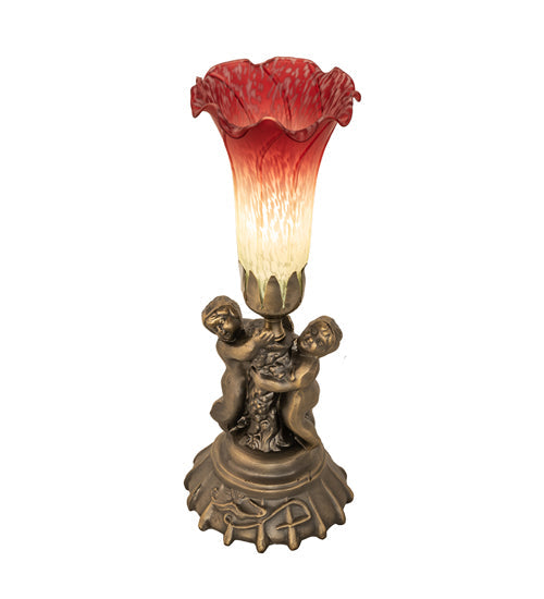 Meyda Lighting Tiffany Pond Lily 13" Antique Brass Twin Cherub Accent Table Lamp With Red & Green Shade Glass