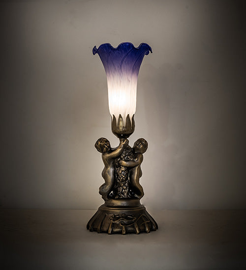 Meyda Lighting Tiffany Pond Lily 13" Antique Brass Twin Cherub Mini Table Lamp With Blue & White Shade Glass