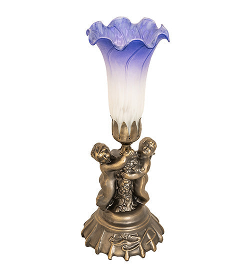Meyda Lighting Tiffany Pond Lily 13" Antique Brass Twin Cherub Mini Table Lamp With Blue & White Shade Glass
