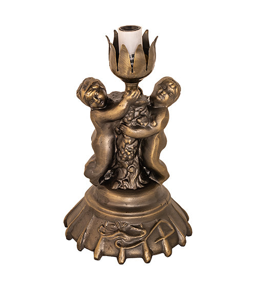Meyda Lighting Tiffany Pond Lily 13" Antique Brass Twin Cherub Mini Table Lamp With Blue & White Shade Glass
