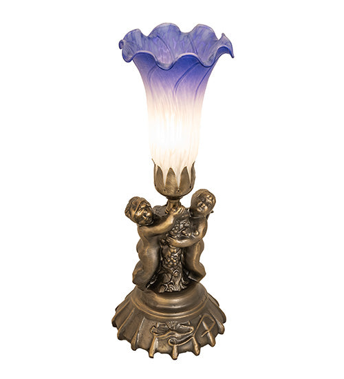 Meyda Lighting Tiffany Pond Lily 13" Antique Brass Twin Cherub Mini Table Lamp With Blue & White Shade Glass