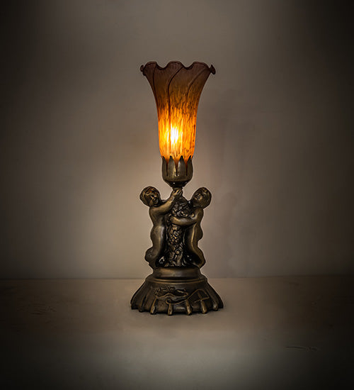 Meyda Lighting Tiffany Pond Lily 13" Antique Brass Twin Cherub Table Lamp With Amber & Purple Shade Glass