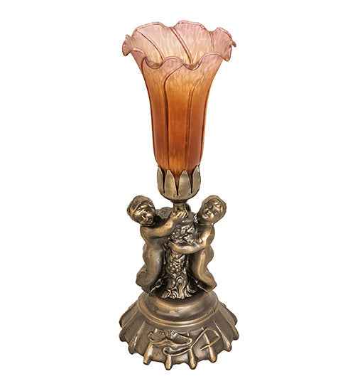 Meyda Lighting Tiffany Pond Lily 13" Antique Brass Twin Cherub Table Lamp With Amber & Purple Shade Glass
