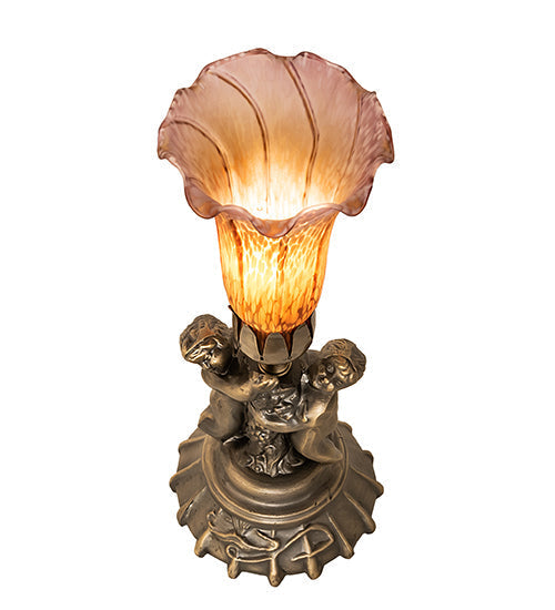 Meyda Lighting Tiffany Pond Lily 13" Antique Brass Twin Cherub Table Lamp With Amber & Purple Shade Glass