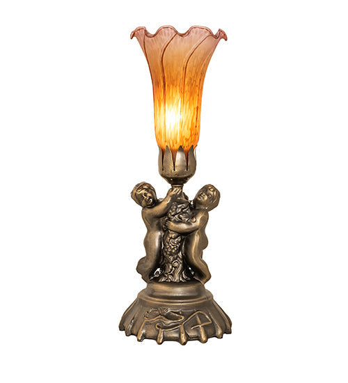 Meyda Lighting Tiffany Pond Lily 13" Antique Brass Twin Cherub Table Lamp With Amber & Purple Shade Glass
