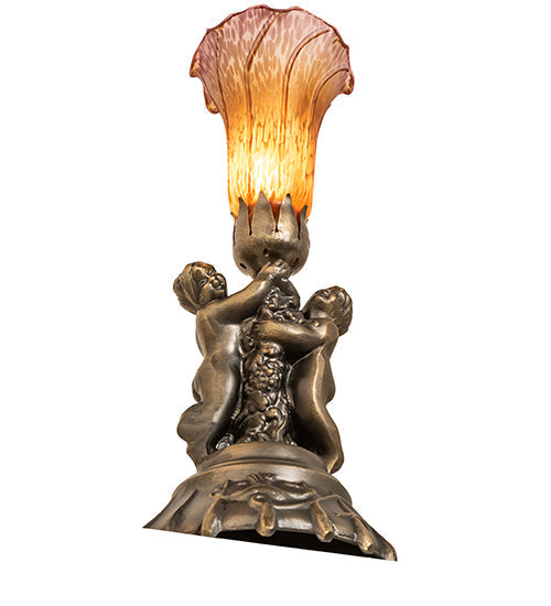 Meyda Lighting Tiffany Pond Lily 13" Antique Brass Twin Cherub Table Lamp With Amber & Purple Shade Glass