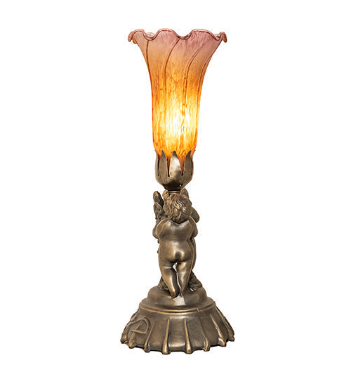 Meyda Lighting Tiffany Pond Lily 13" Antique Brass Twin Cherub Table Lamp With Amber & Purple Shade Glass