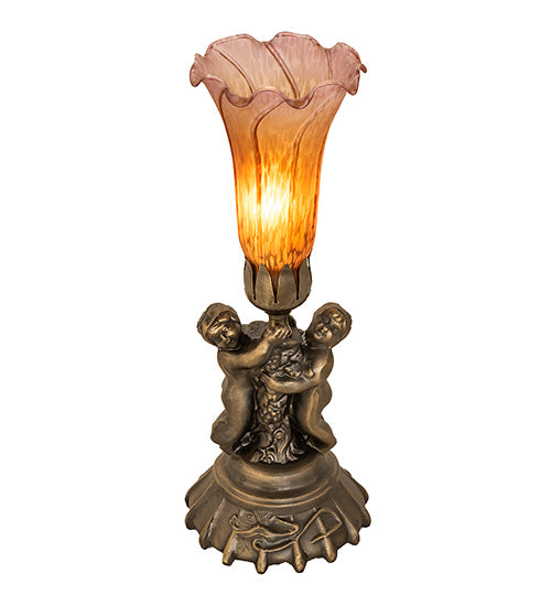 Meyda Lighting Tiffany Pond Lily 13" Antique Brass Twin Cherub Table Lamp With Amber & Purple Shade Glass