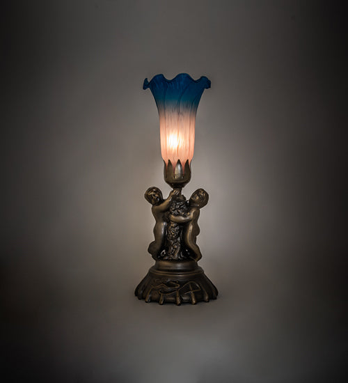 Meyda Lighting Tiffany Pond Lily 13" Antique Brass Twin Cherub Table Lamp With Pink & Blue Shade Glass