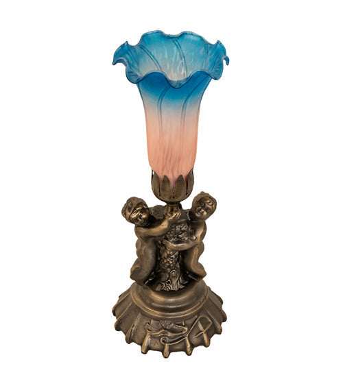 Meyda Lighting Tiffany Pond Lily 13" Antique Brass Twin Cherub Table Lamp With Pink & Blue Shade Glass