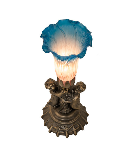 Meyda Lighting Tiffany Pond Lily 13" Antique Brass Twin Cherub Table Lamp With Pink & Blue Shade Glass