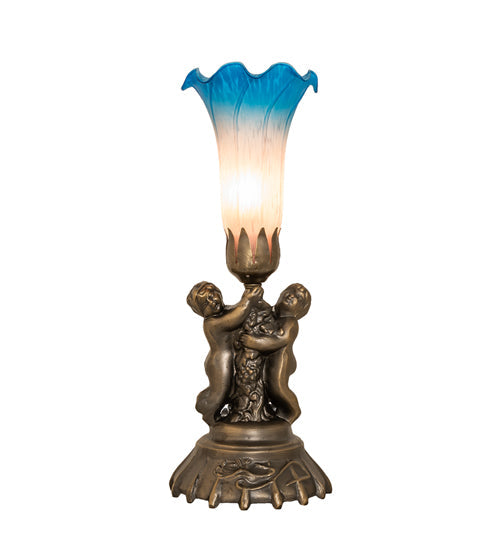 Meyda Lighting Tiffany Pond Lily 13" Antique Brass Twin Cherub Table Lamp With Pink & Blue Shade Glass