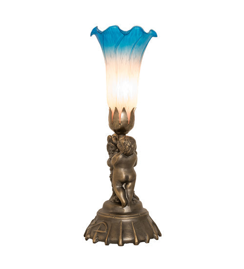 Meyda Lighting Tiffany Pond Lily 13" Antique Brass Twin Cherub Table Lamp With Pink & Blue Shade Glass
