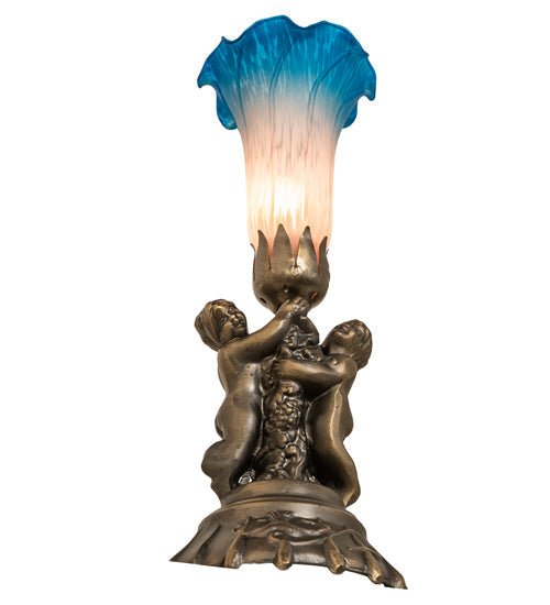 Meyda Lighting Tiffany Pond Lily 13" Antique Brass Twin Cherub Table Lamp With Pink & Blue Shade Glass
