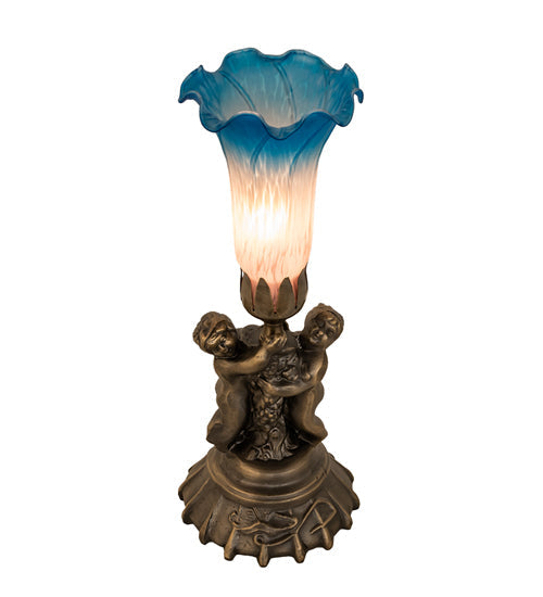 Meyda Lighting Tiffany Pond Lily 13" Antique Brass Twin Cherub Table Lamp With Pink & Blue Shade Glass