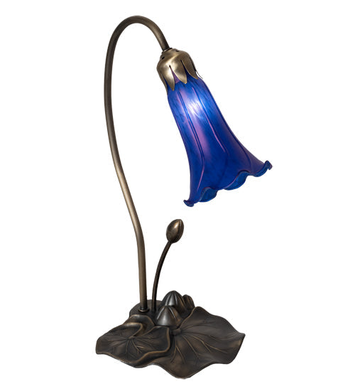 Meyda Lighting Tiffany Pond Lily 13739 16" Mahogany Bronze Accent Table Lamp With Blue Shade Glass