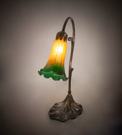 Meyda Lighting Tiffany Pond Lily 15" Antique Brass Accent Table Lamp With Amber & Green Shade Glass