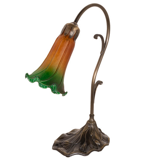Meyda Lighting Tiffany Pond Lily 15" Antique Brass Accent Table Lamp With Amber & Green Shade Glass
